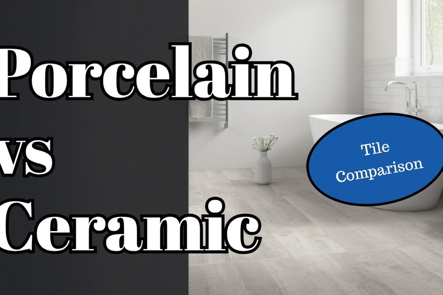 Bathroom with porcelain floor tile and subway tile tub surround - porcelain vs ceramic tile