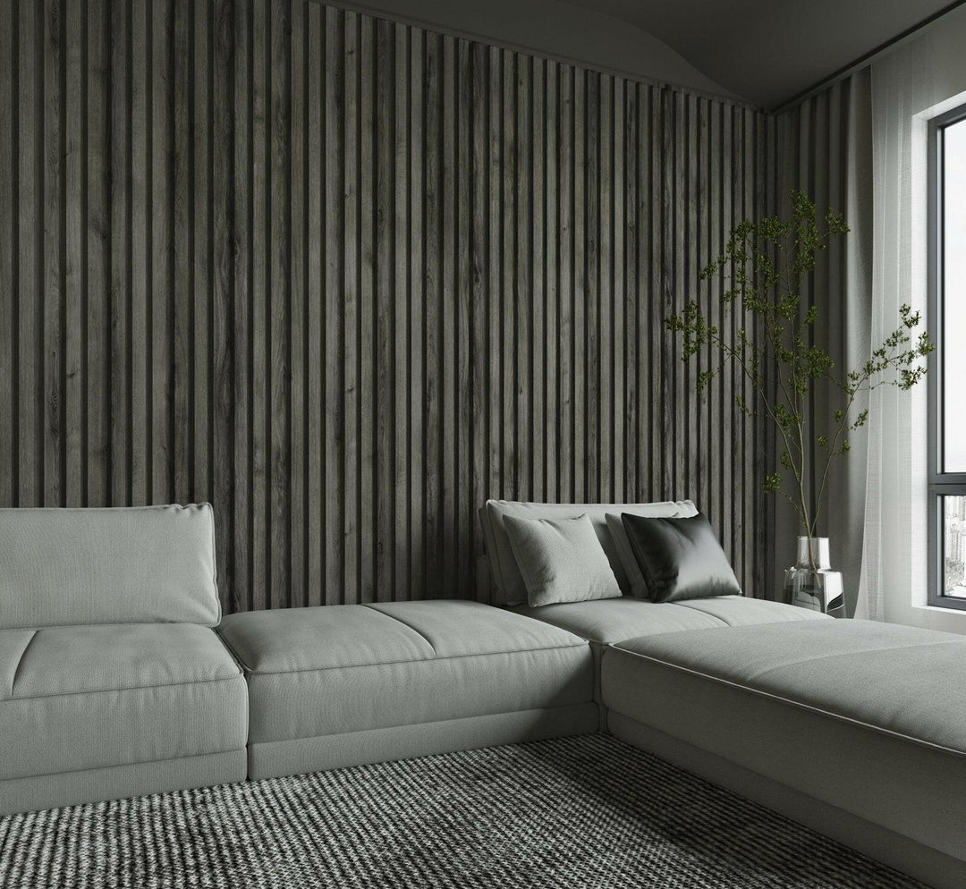 Modern living room with dark wood slat wall panels – stylish and elegant wall panel installation by Advanced Flooring Waterloo.