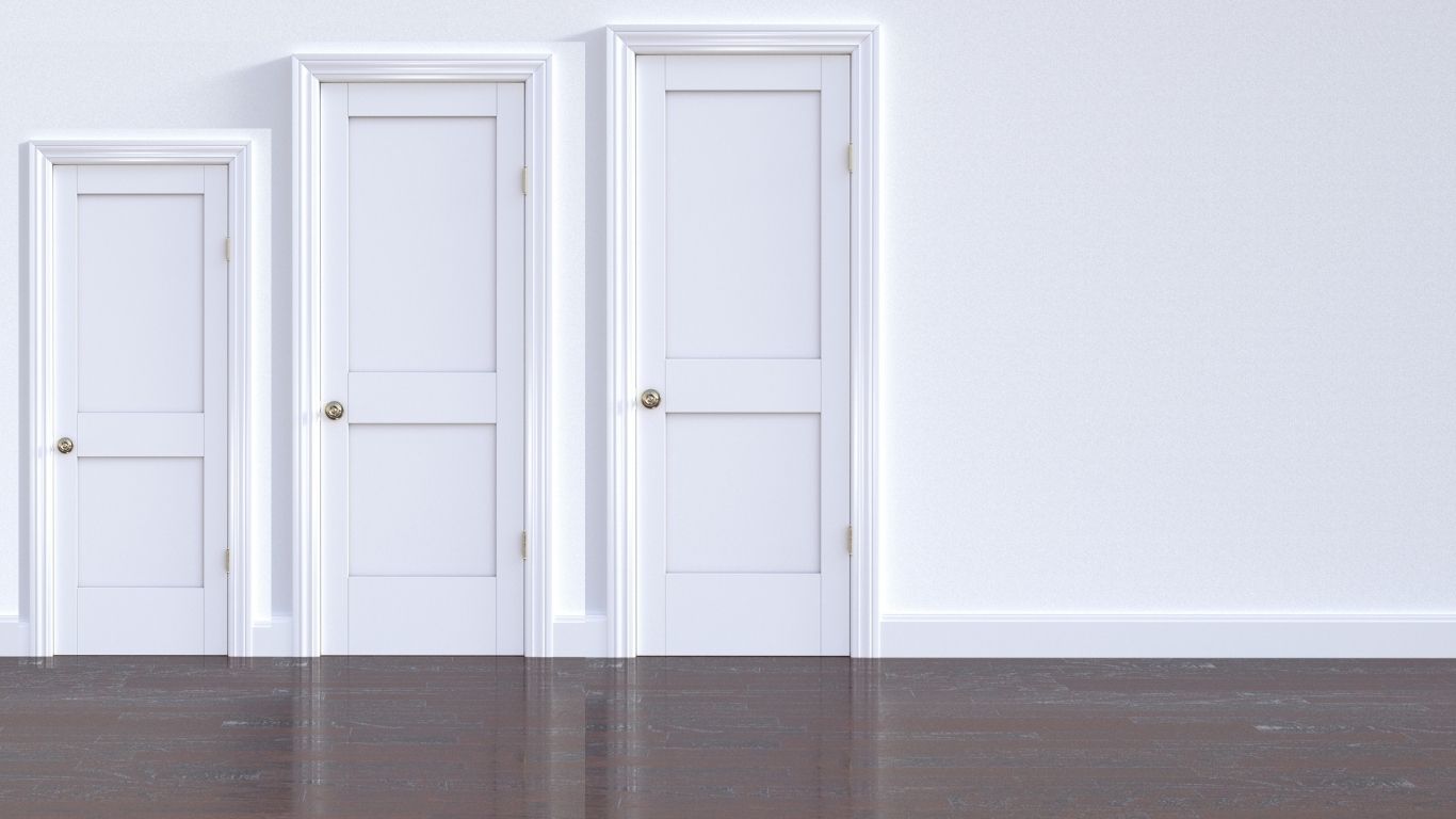 Modern white doors of different sizes shown in a product display