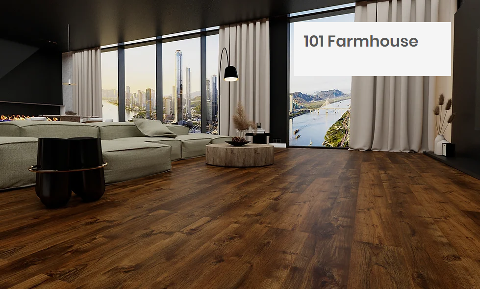 Modern room with vinyl flooring installed in the colour 101 Farmhouse by Woden Flooring sold by Advanced Flooring in Kitchener-Waterloo.