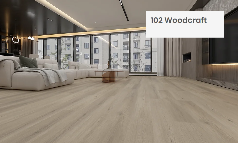 Modern room with vinyl flooring installed in the colour 102 Woodcraft by Woden Flooring sold by Advanced Flooring in Kitchener-Waterloo.