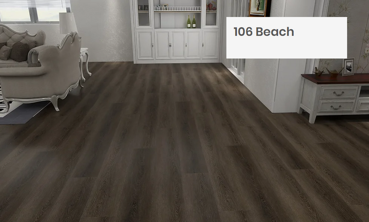 Beautiful room with 7mm vinyl flooring installed in the colour 106 Beach by Woden Flooring sold by Advanced Flooring in Kitchener-Waterloo.