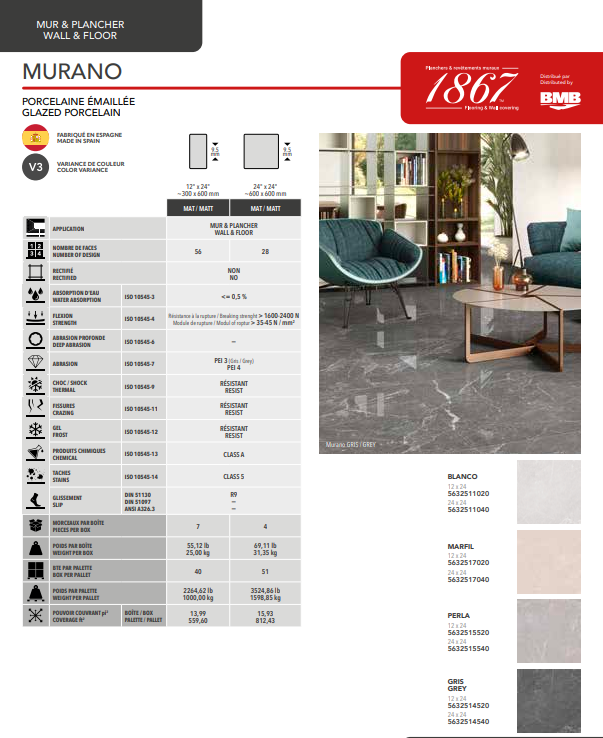 Product catalog page for Murano porcelain tile with RMD branding and color swatches.