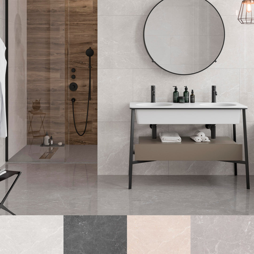 Bathroom with shower, vanity, and round mirror