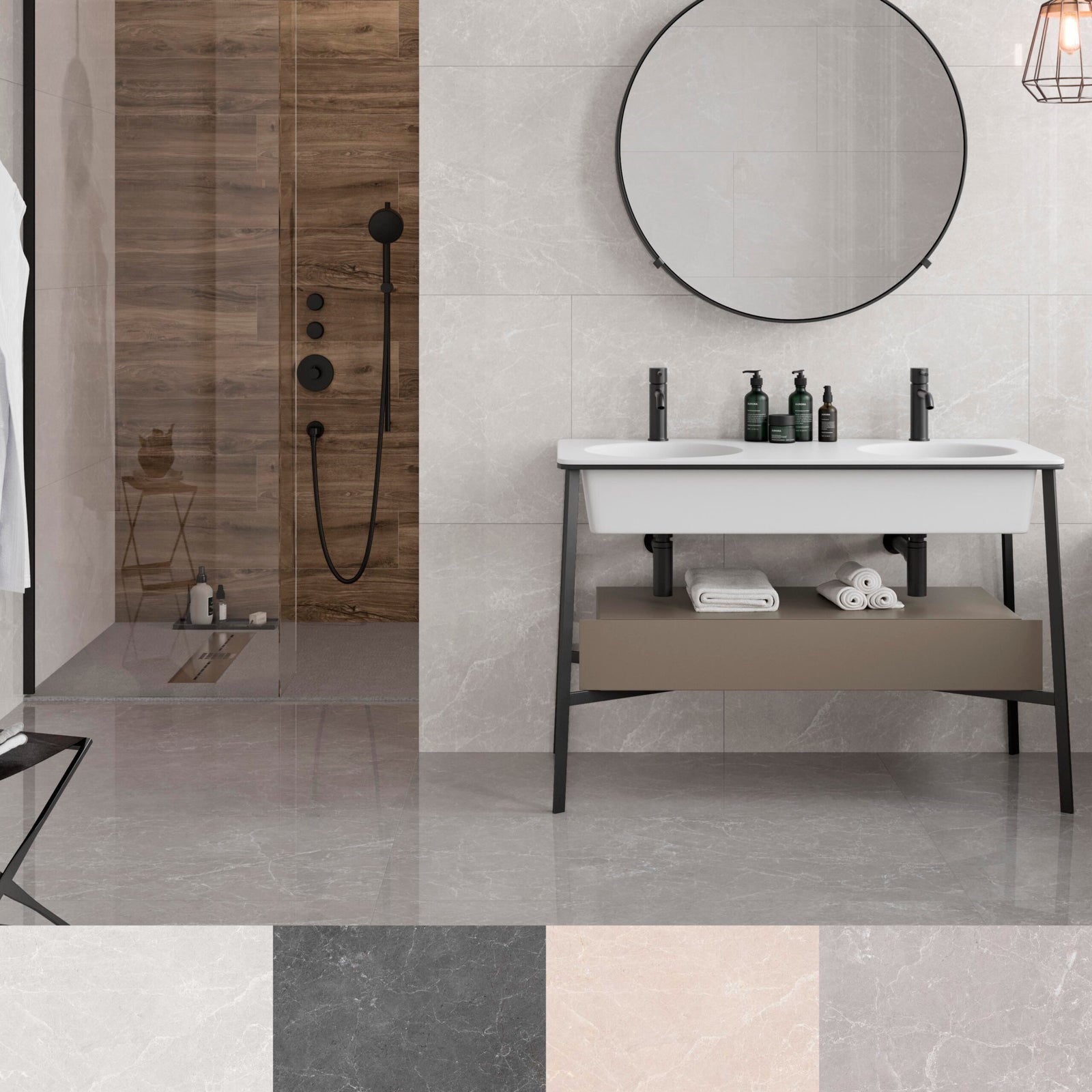Bathroom with shower, vanity, and round mirror
