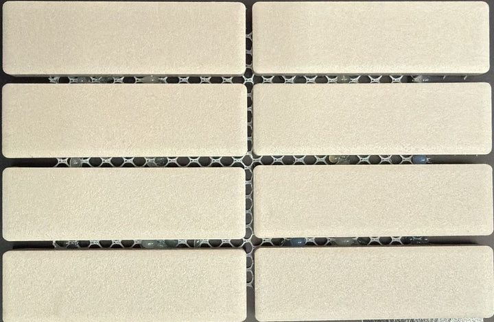 1867 Tile TYPE Collection: mosaic tiles for floor and wall in grey, 1"x3" size. Available at Advanced Flooring Waterloo. 