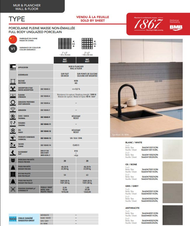 1867 Tile TYPE Collection mosaic tiles information sheet. Kitchener & Waterloo