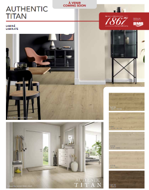 Advertisement for Authentic Titan laminate flooring with room examples and color swatches.