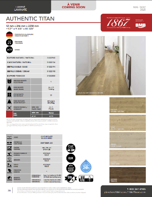 Laminate flooring product catalog featuring Authentic Titan series with product details and images.