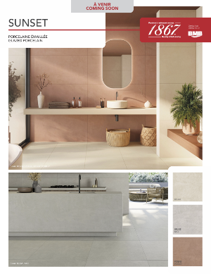 Advertisement for Sunset glazed porcelain tiles by B&N, featuring a bathroom and kitchen setting.