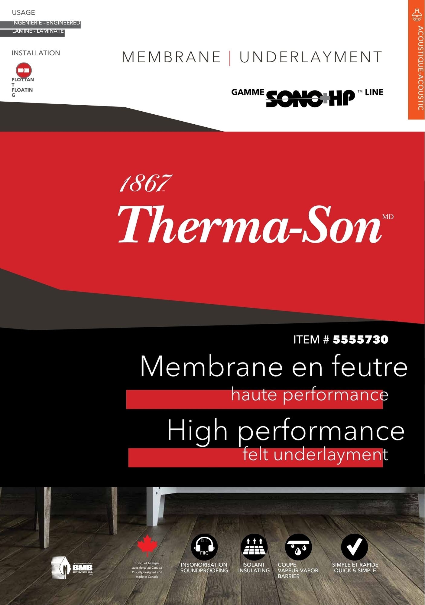 Therma-Son high performance felt underlayment packaging with branding and product details.