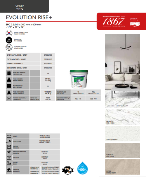 B&F Vinyl Vinyl Evolution Rise+ product packaging with specifications and color swatches.