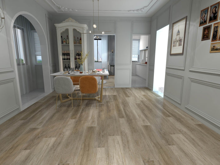 Modern dining room with wooden flooring, white walls, and a table set for a meal.
