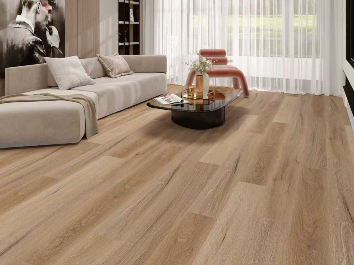Living room with wooden flooring, sofa, and coffee table.