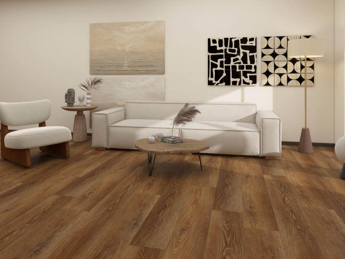 Modern living room with white furniture and wooden flooring