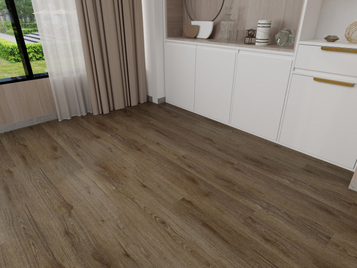 Wooden flooring with a modern interior setting, including cabinets and a window.