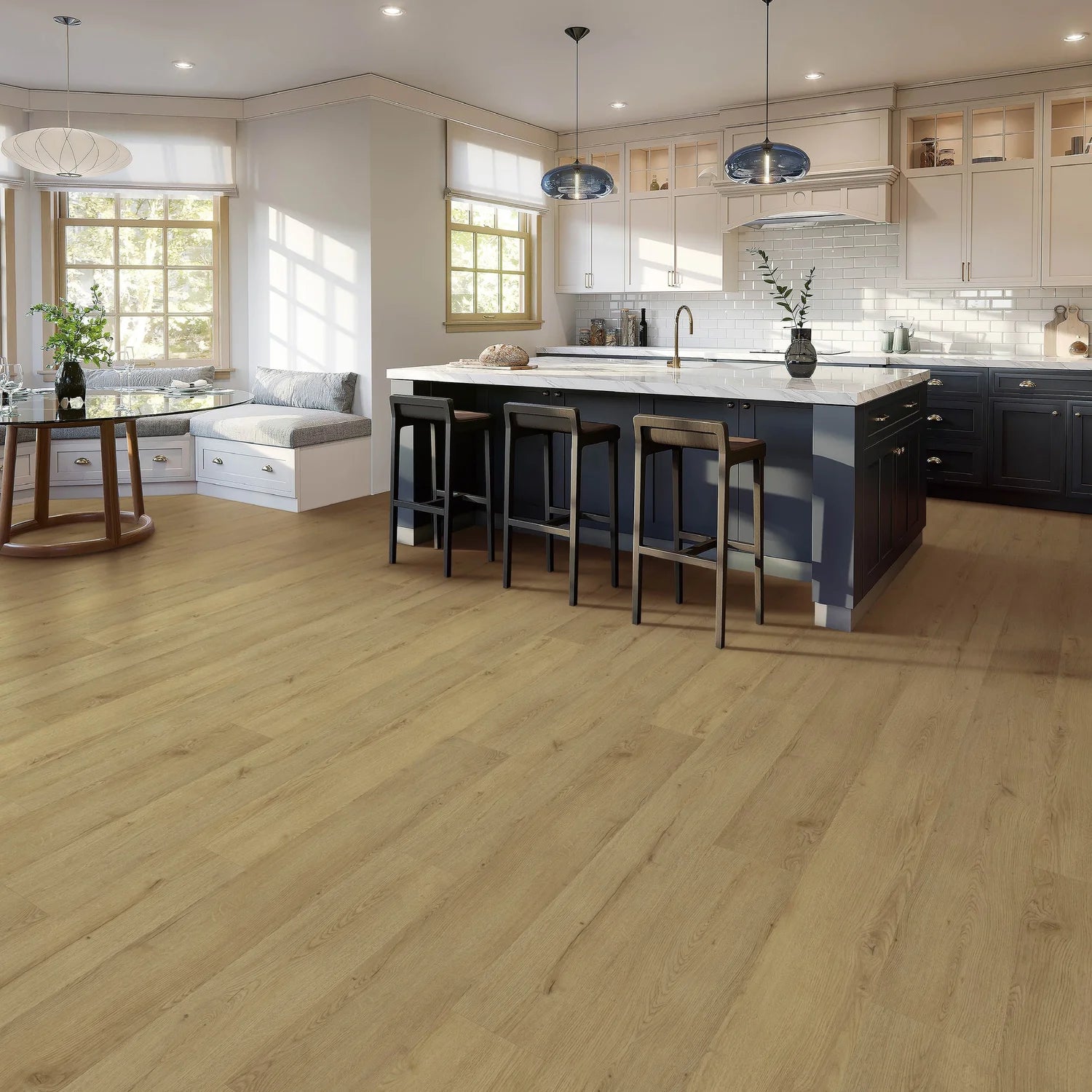 Modern kitchen with wooden flooring and white cabinets