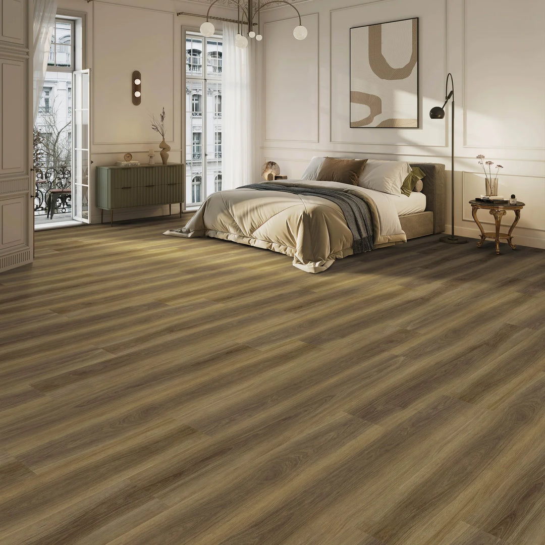 Modern bedroom with wooden flooring, bed, and decor.