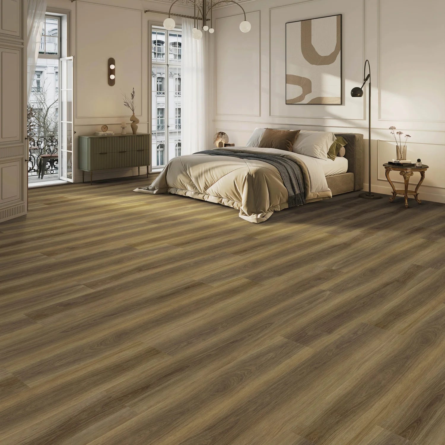 Modern bedroom with wooden flooring, bed, and decor.