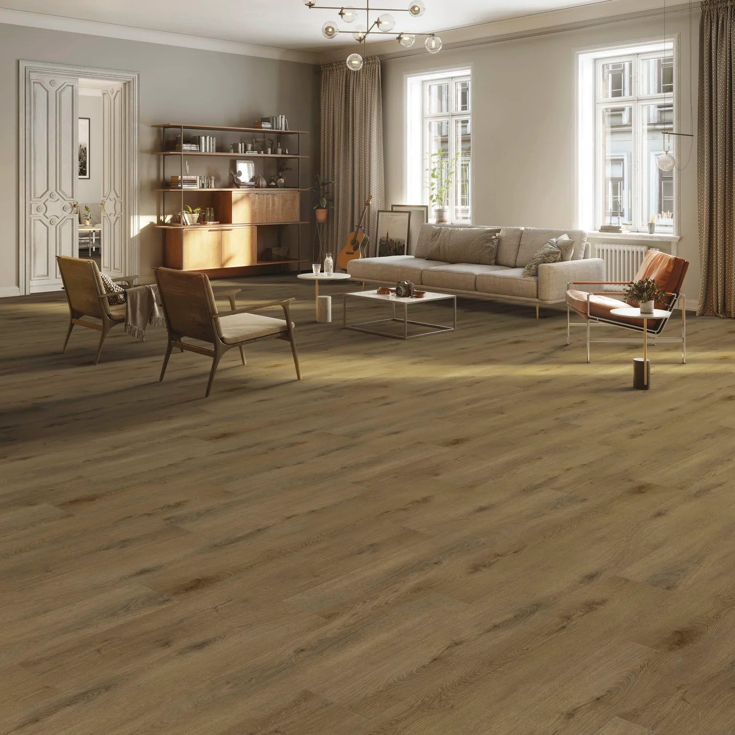 Modern living room with wooden flooring, furniture, and large windows.