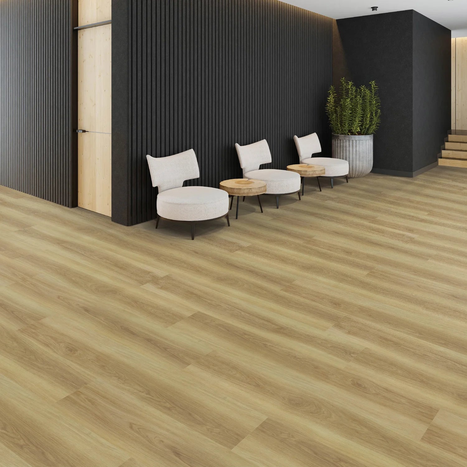 Modern interior with white chairs and wooden tables against a black paneled wall.