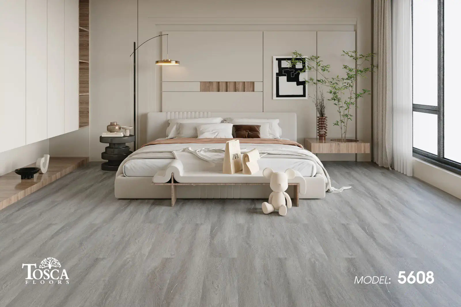 Modern bedroom with gray flooring, bed, and decor, featuring Tosca Floors branding.