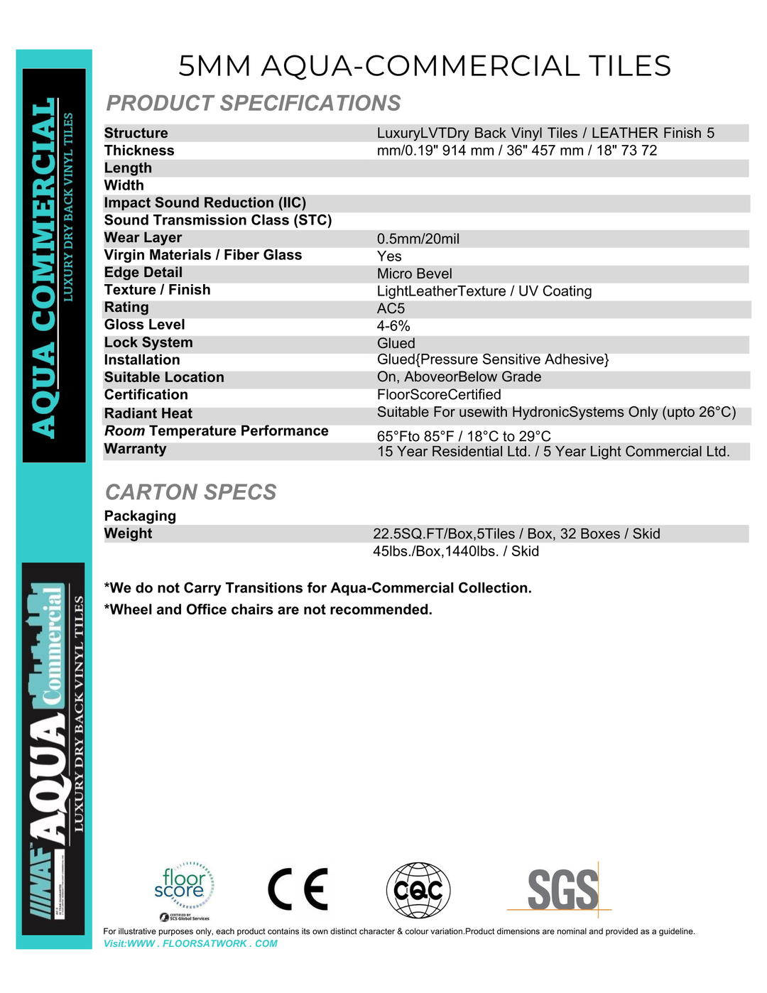 Ivory - NAF Aqua Dry back Vinyl Tile 18” x 36”