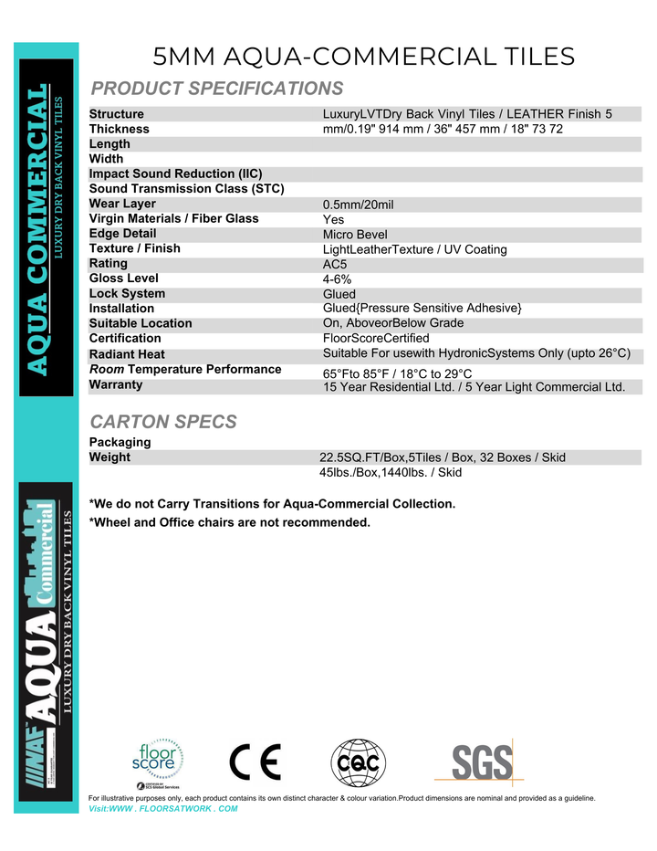 Ivory - NAF Aqua Dry back Vinyl Tile 18” x 36”