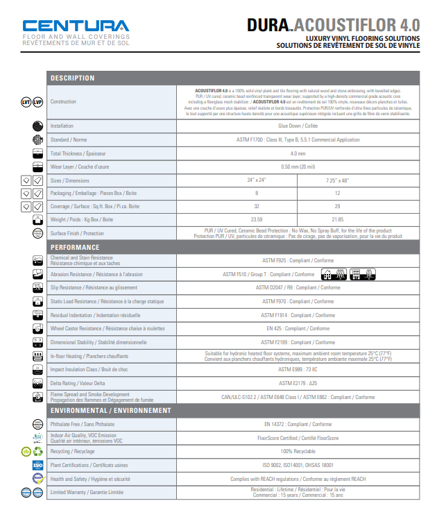 Product specification sheet for DuraAcoustifloor 4.0 vinyl flooring solution by Centura.