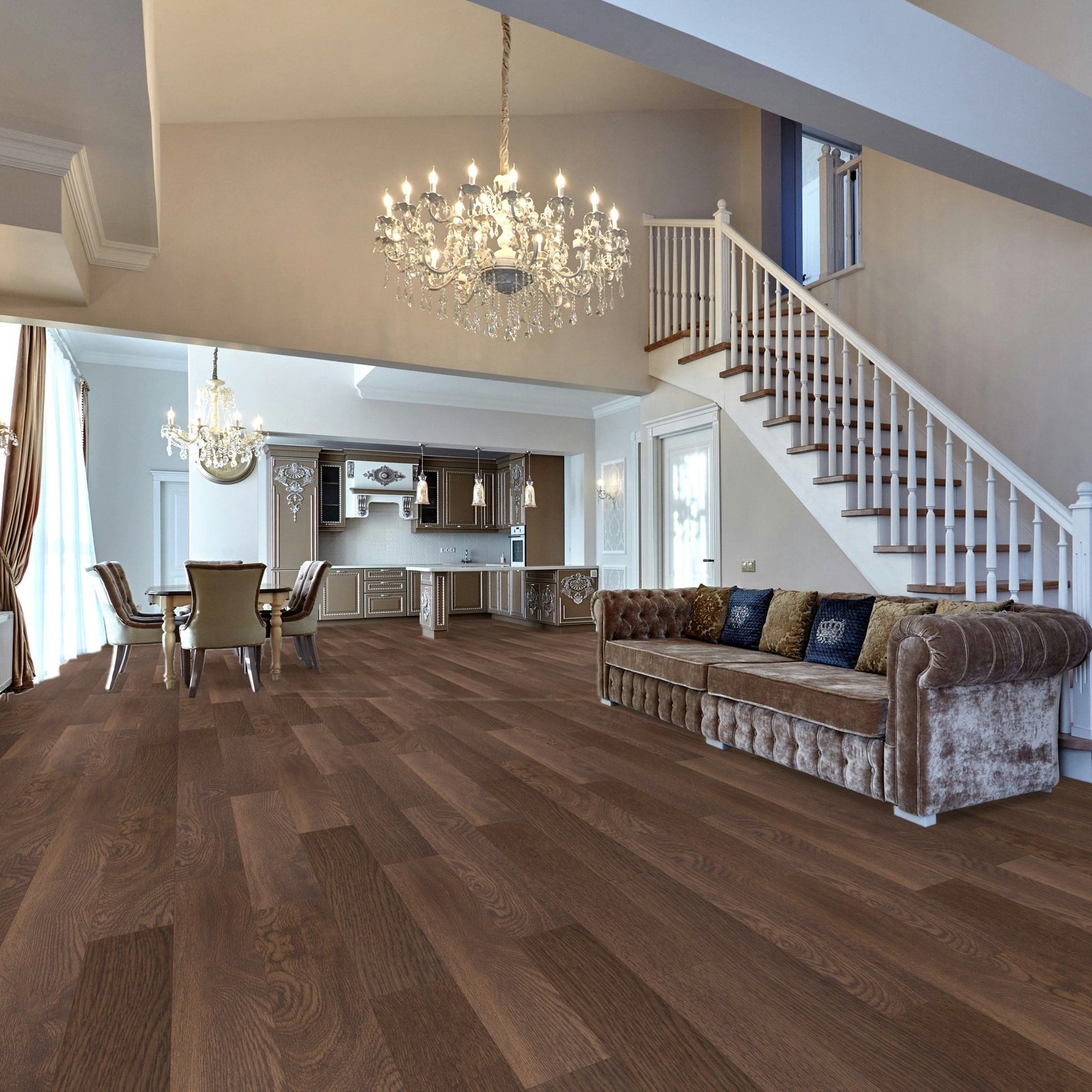 Luxurious living room with wooden floor, chandelier, and staircase.