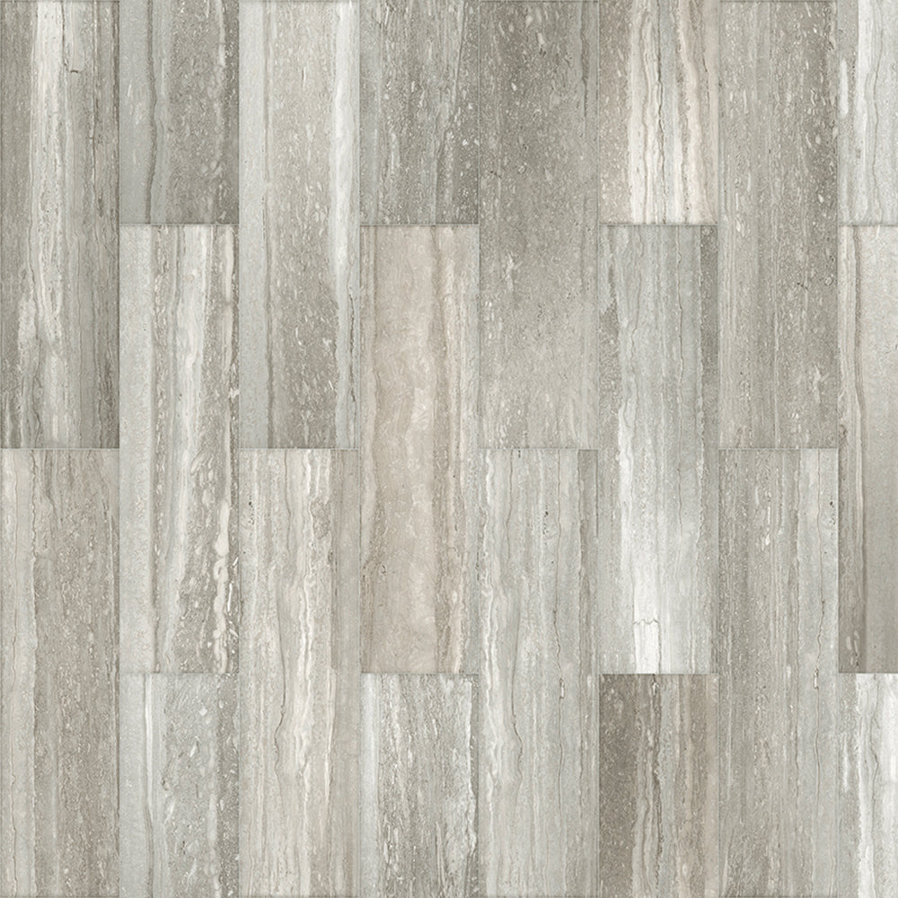 Patterned tile with a wood-like design in shades of gray and beige.