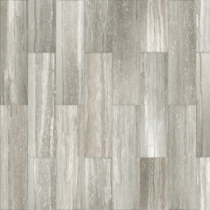 Patterned tile with a wood-like design in shades of gray and beige.