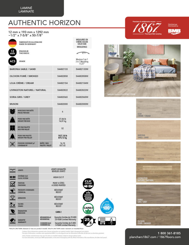 Laminate flooring product sheet with color samples and specifications.