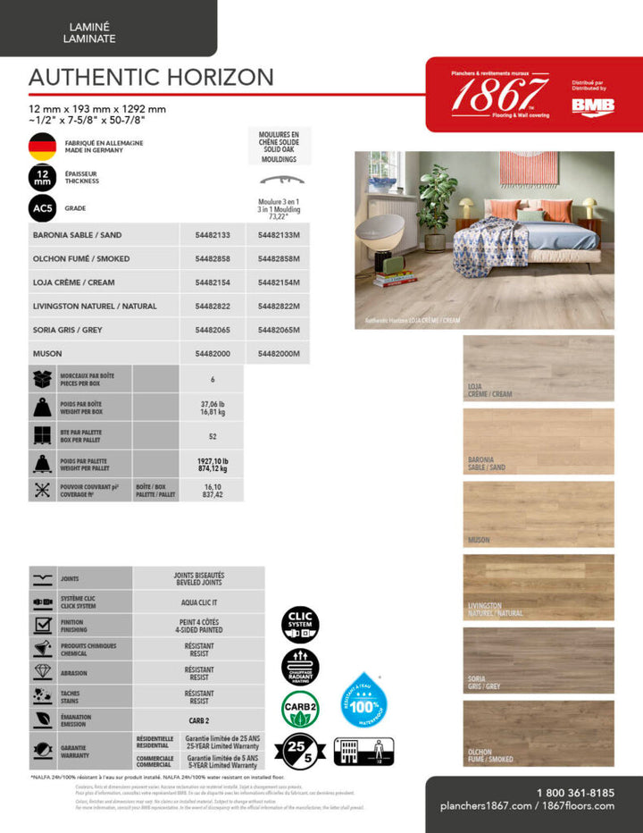 Laminate flooring product sheet with color samples and specifications.