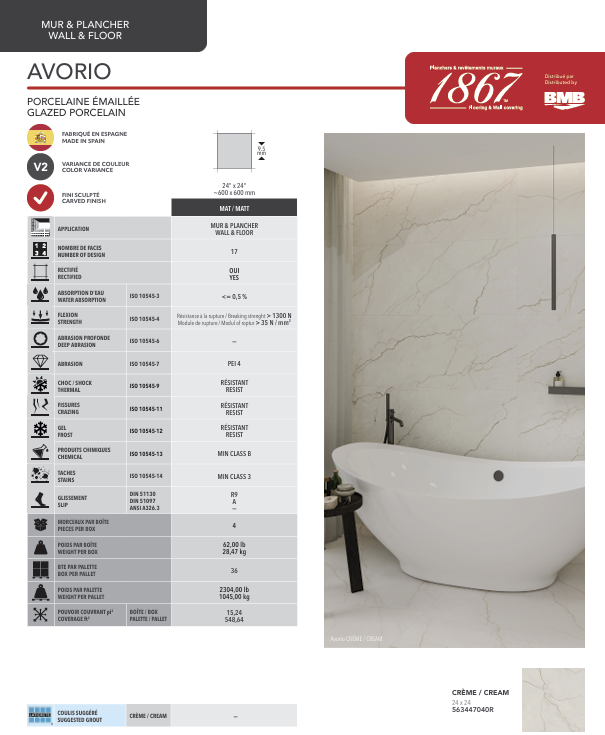 Bathroom tile sample with AVORIO porcelain tiles and B&F 1867 branding.