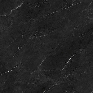 A close-up image of a black luxury vinyl tile with a marble-like pattern.