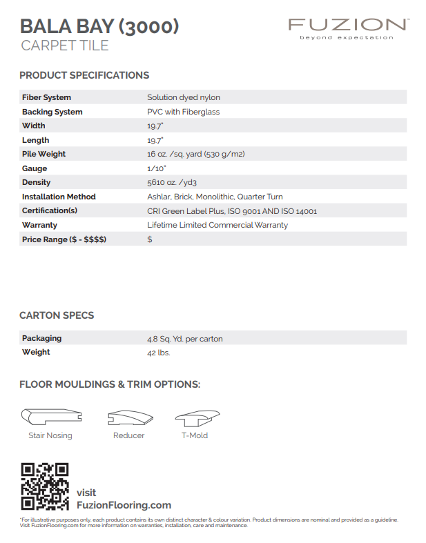 Product specifications for Bala Bay 3000 carpet tile by Fuzion on a white background.