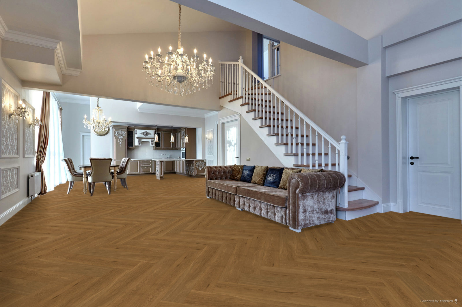 Luxurious living room with a chandelier, staircase, and formal dining area.