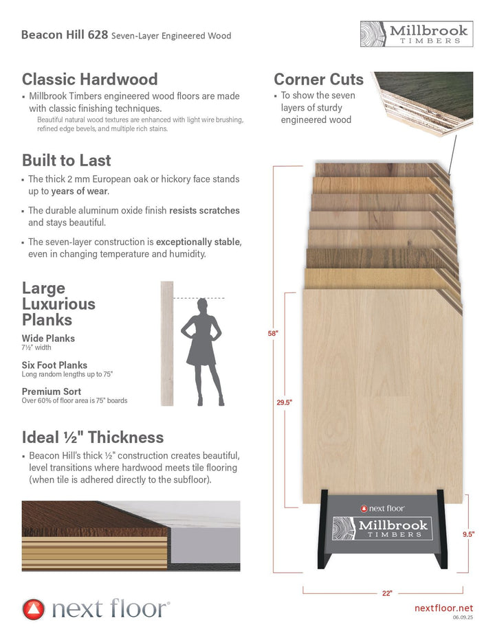 Next floor's Millbrook Timbers engineered wood flooring with product features and specifications.