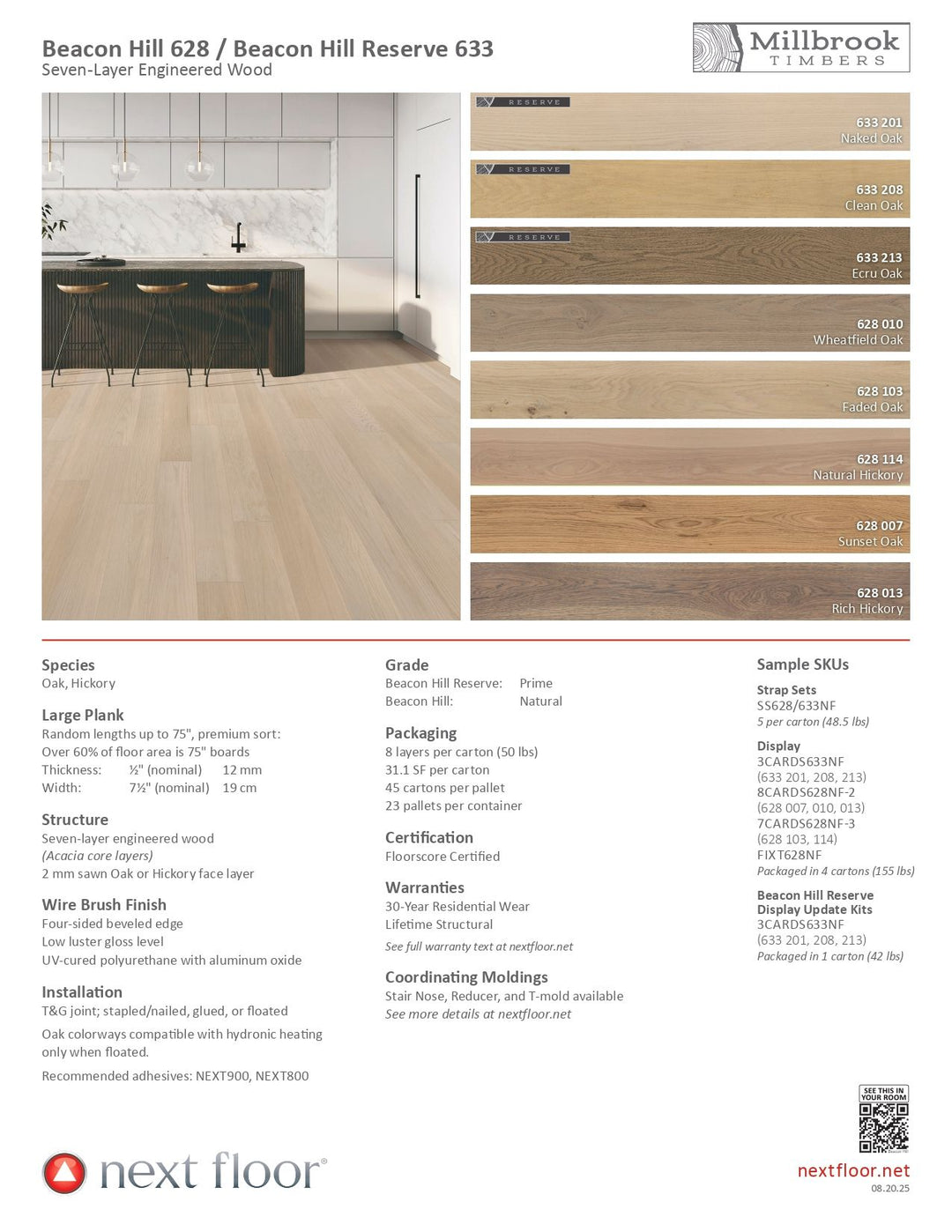 Next floor's Millbrook Timbers engineered wood flooring sample with color swatches and product details on a white background