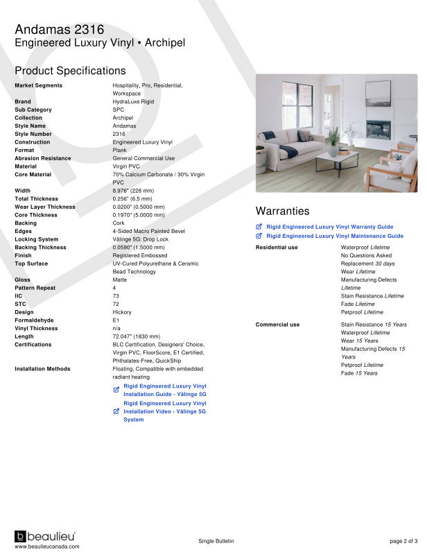 Product specifications sheet for Andamas 2316 Engineered Luxury Vinyl by Beaulieu, featuring a living room setup.