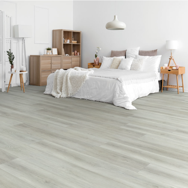 Modern bedroom with Beaulieu SPC vinyl flooring in Andamas 2316 color. Available at Advanced Flooring Waterloo. 