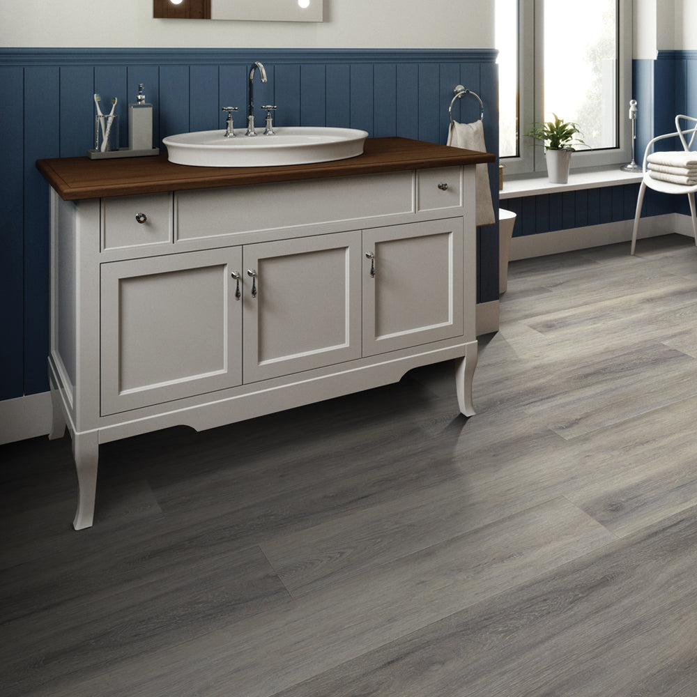 Modern bathroom with Beaulieu flooring in Antilles 2317 color from Archipel collection. Available at Advanced Flooring Waterloo. 