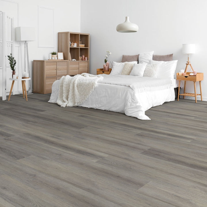Modern bedroom with Beaulieu flooring in Antilles 2317 colour from Archipel collection. Available at Advanced Flooring Waterloo.