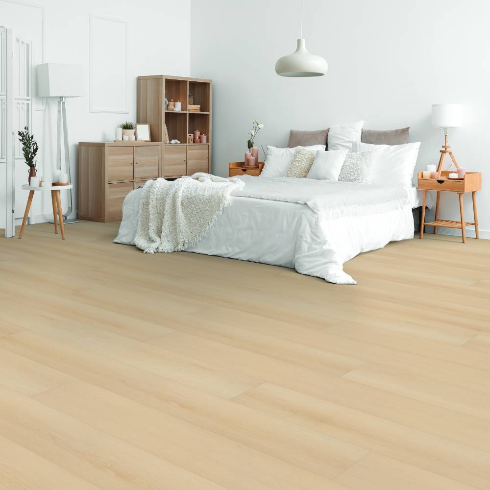 Modern bedroom room with Beaulieu SPC vinyl flooring in Cape Hope 2322 color. Available at Advanced Flooring Waterloo. 
