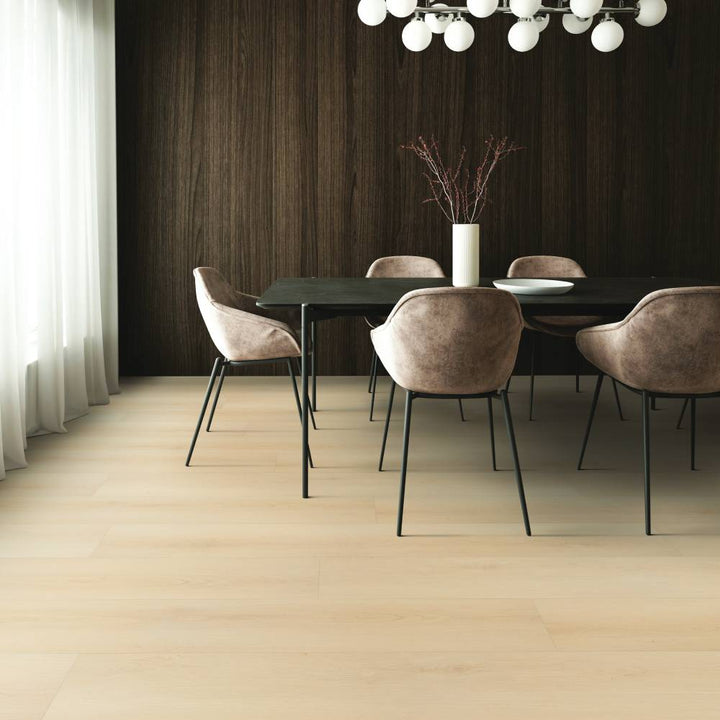 Modern dining room with Beaulieu SPC vinyl flooring in Cape Hope 2322 color. Available at Advanced Flooring Waterloo. 