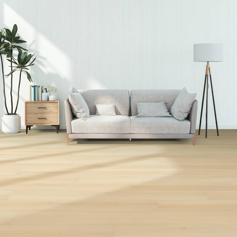 Modern living room with Beaulieu SPC vinyl flooring in Cape Hope 2322 color. Available at Advanced Flooring Waterloo.