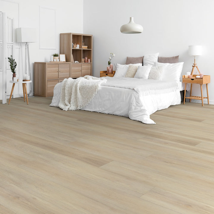 Modern bedroom room view with Beaulieu SPC vinyl flooring in Comores 2318 color. Available at Advanced Flooring Waterloo. 