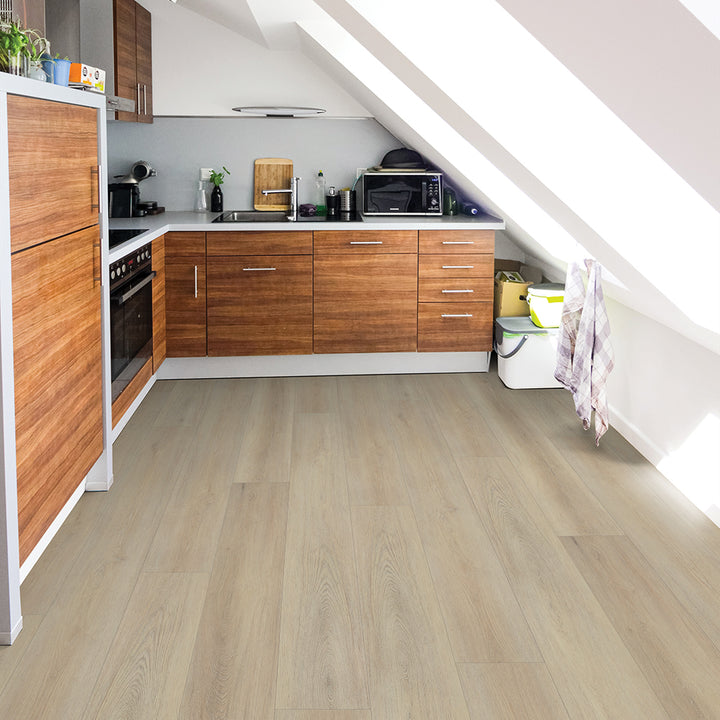 Modern kitchen with Beaulieu SPC vinyl flooring in Comores 2318 color.  Completely 100% waterproof, pet-friendly, and highly stain-resistant. Available at Advanced Flooring Waterloo.