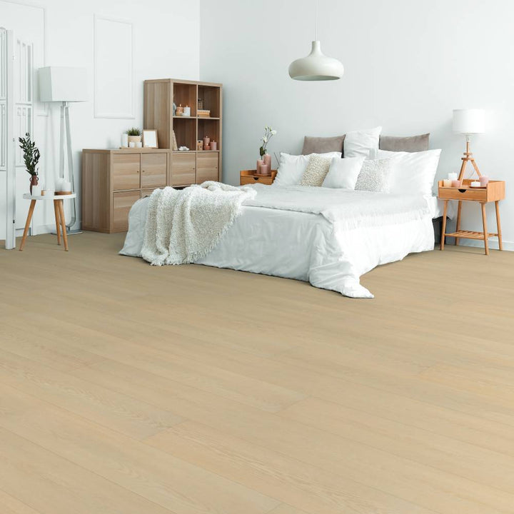 Modern bedroom with Beaulieu SPC vinyl flooring in Copeland 2323 color. Available at Advanced Flooring Waterloo. 